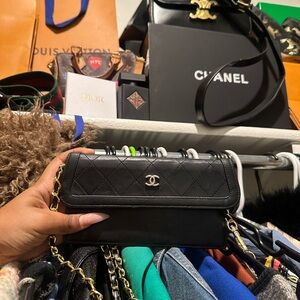 CHANEL Black Quilted Leather Bag with Gold Chain